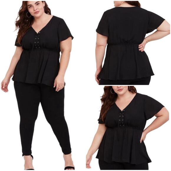 Torrid Black Babydoll Georgette Lace-Up Blouse Lace Front Tie Woman's Size 5X - Picture 1 of 16